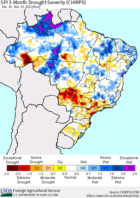 Brazil SPI 3-Month Drought Severity (CHIRPS) Thematic Map For 12/26/2021 - 3/25/2022