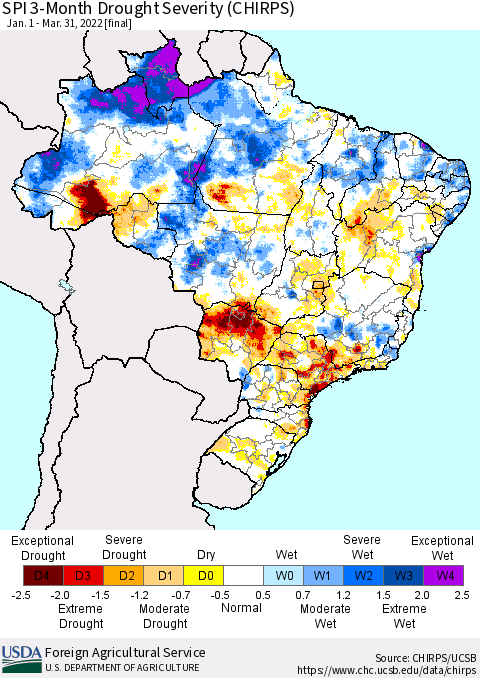 Brazil SPI 3-Month Drought Severity (CHIRPS) Thematic Map For 1/1/2022 - 3/31/2022