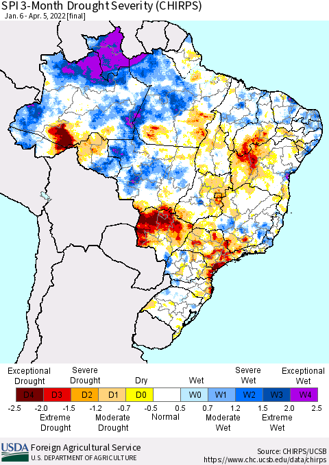 Brazil SPI 3-Month Drought Severity (CHIRPS) Thematic Map For 1/6/2022 - 4/5/2022