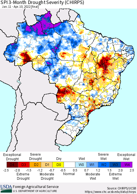 Brazil SPI 3-Month Drought Severity (CHIRPS) Thematic Map For 1/11/2022 - 4/10/2022