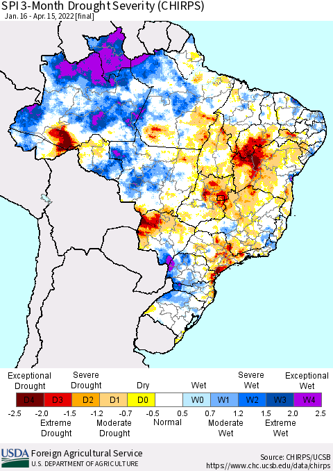 Brazil SPI 3-Month Drought Severity (CHIRPS) Thematic Map For 1/16/2022 - 4/15/2022