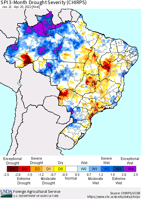Brazil SPI 3-Month Drought Severity (CHIRPS) Thematic Map For 1/21/2022 - 4/20/2022