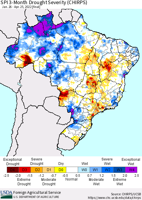 Brazil SPI 3-Month Drought Severity (CHIRPS) Thematic Map For 1/26/2022 - 4/25/2022