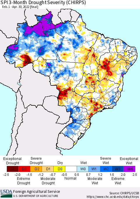 Brazil SPI 3-Month Drought Severity (CHIRPS) Thematic Map For 2/1/2022 - 4/30/2022