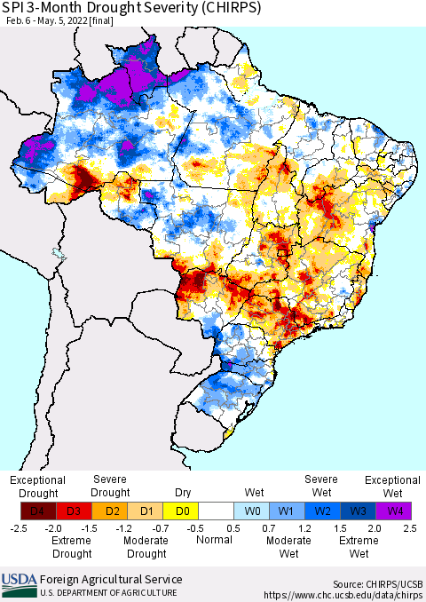 Brazil SPI 3-Month Drought Severity (CHIRPS) Thematic Map For 2/6/2022 - 5/5/2022