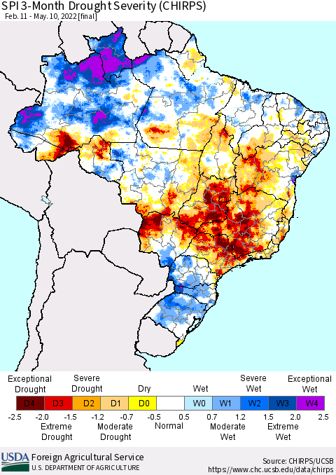 Brazil SPI 3-Month Drought Severity (CHIRPS) Thematic Map For 2/11/2022 - 5/10/2022