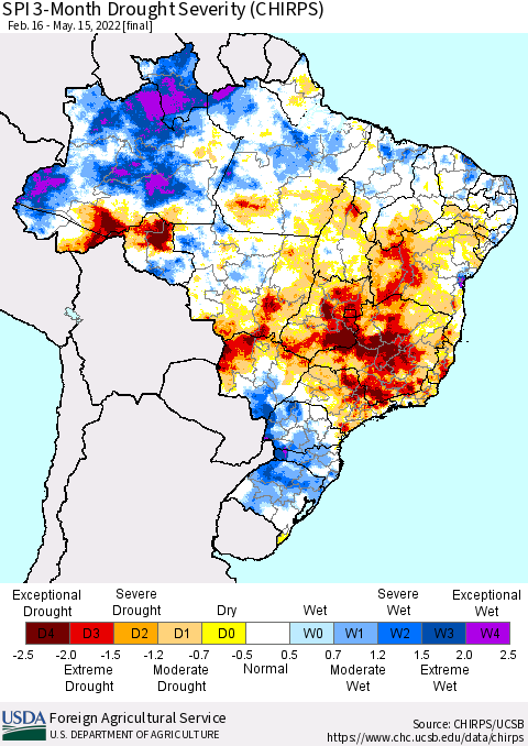 Brazil SPI 3-Month Drought Severity (CHIRPS) Thematic Map For 2/16/2022 - 5/15/2022