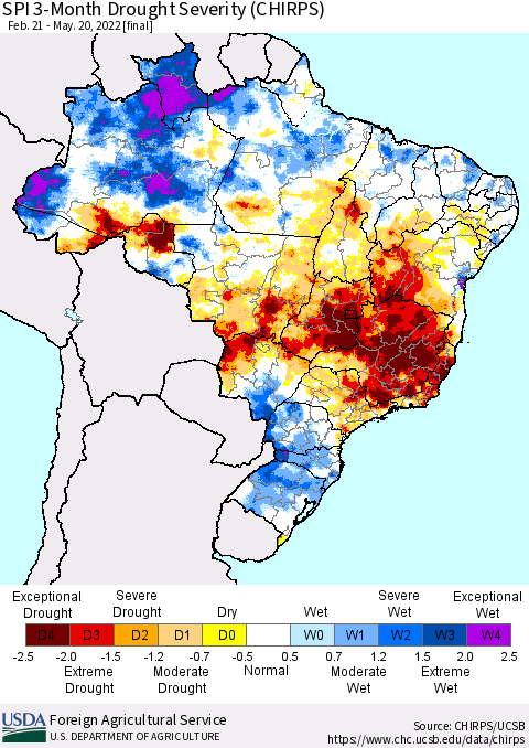 Brazil SPI 3-Month Drought Severity (CHIRPS) Thematic Map For 2/21/2022 - 5/20/2022