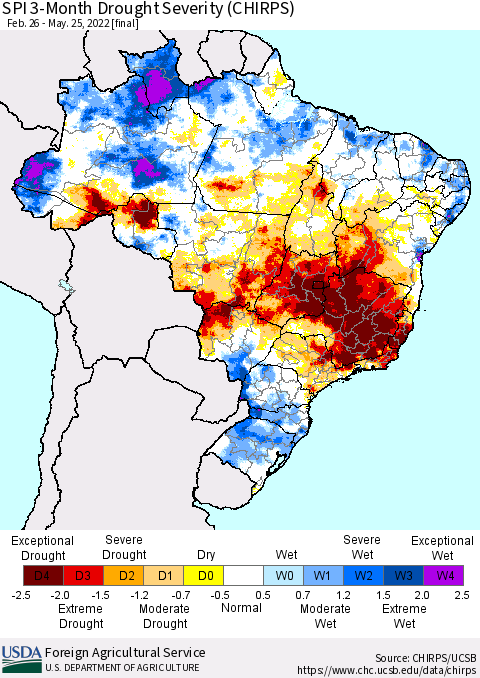 Brazil SPI 3-Month Drought Severity (CHIRPS) Thematic Map For 2/26/2022 - 5/25/2022