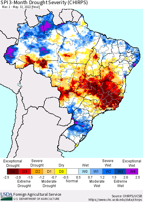 Brazil SPI 3-Month Drought Severity (CHIRPS) Thematic Map For 3/1/2022 - 5/31/2022