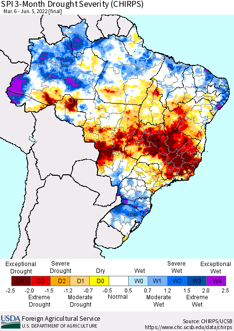 Brazil SPI 3-Month Drought Severity (CHIRPS) Thematic Map For 3/6/2022 - 6/5/2022