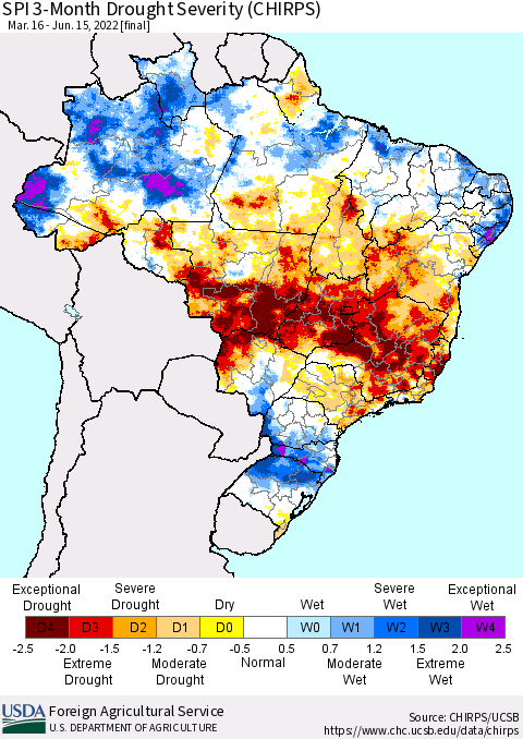 Brazil SPI 3-Month Drought Severity (CHIRPS) Thematic Map For 3/16/2022 - 6/15/2022