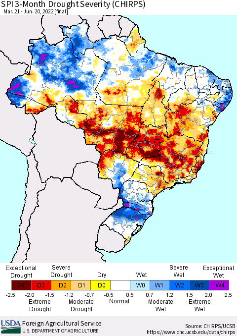 Brazil SPI 3-Month Drought Severity (CHIRPS) Thematic Map For 3/21/2022 - 6/20/2022