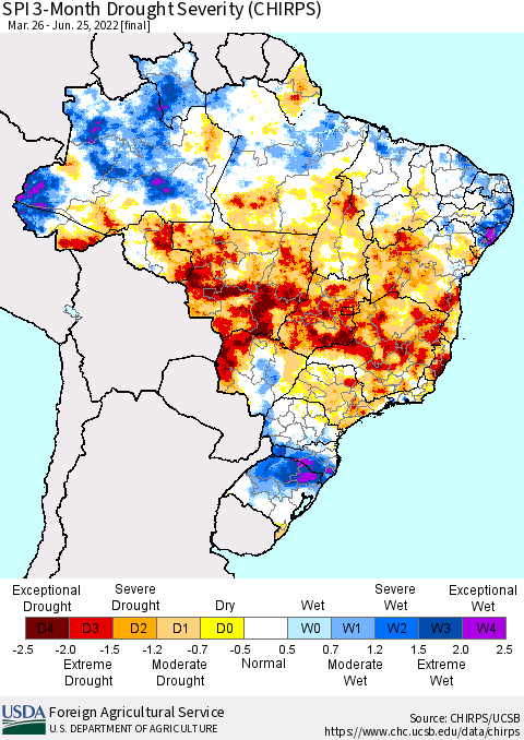 Brazil SPI 3-Month Drought Severity (CHIRPS) Thematic Map For 3/26/2022 - 6/25/2022