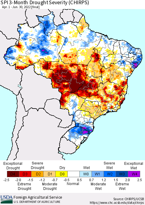 Brazil SPI 3-Month Drought Severity (CHIRPS) Thematic Map For 4/1/2022 - 6/30/2022