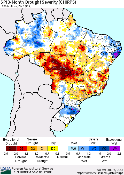 Brazil SPI 3-Month Drought Severity (CHIRPS) Thematic Map For 4/6/2022 - 7/5/2022