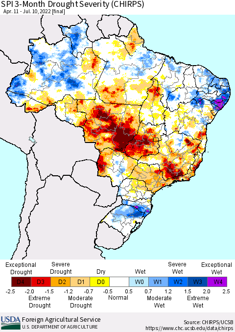 Brazil SPI 3-Month Drought Severity (CHIRPS) Thematic Map For 4/11/2022 - 7/10/2022