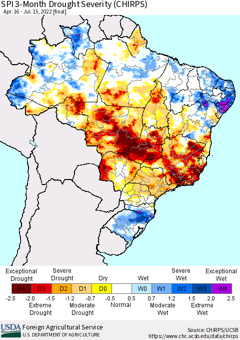 Brazil SPI 3-Month Drought Severity (CHIRPS) Thematic Map For 4/16/2022 - 7/15/2022