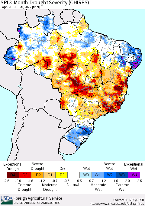 Brazil SPI 3-Month Drought Severity (CHIRPS) Thematic Map For 4/21/2022 - 7/20/2022