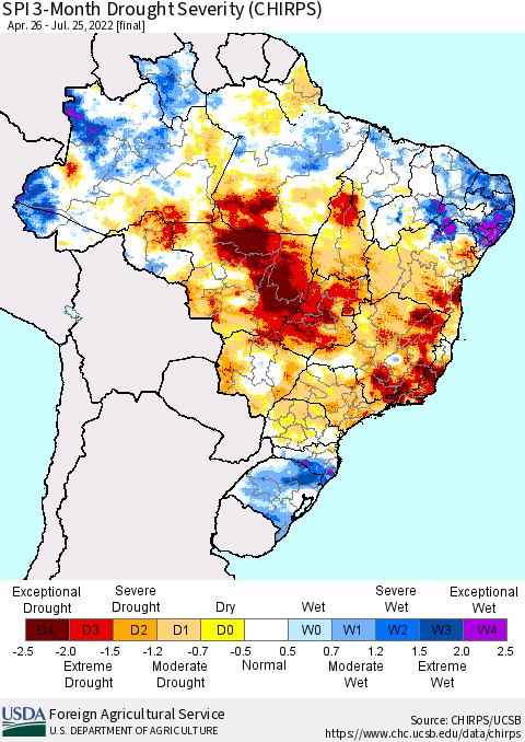 Brazil SPI 3-Month Drought Severity (CHIRPS) Thematic Map For 4/26/2022 - 7/25/2022
