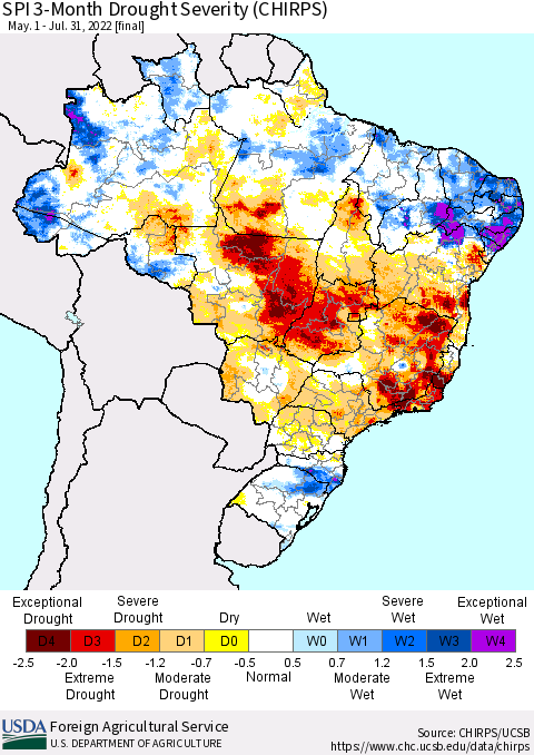 Brazil SPI 3-Month Drought Severity (CHIRPS) Thematic Map For 5/1/2022 - 7/31/2022