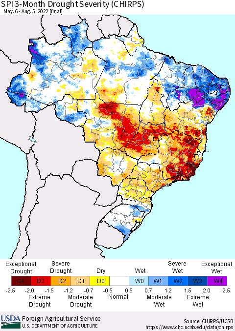 Brazil SPI 3-Month Drought Severity (CHIRPS) Thematic Map For 5/6/2022 - 8/5/2022