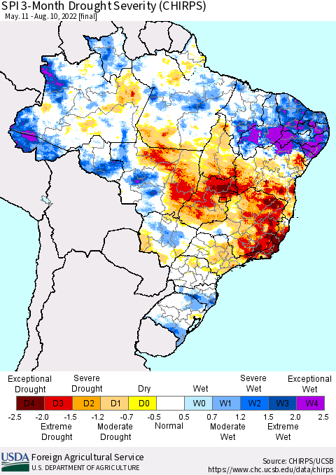 Brazil SPI 3-Month Drought Severity (CHIRPS) Thematic Map For 5/11/2022 - 8/10/2022