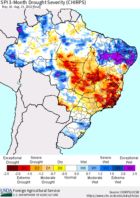Brazil SPI 3-Month Drought Severity (CHIRPS) Thematic Map For 5/16/2022 - 8/15/2022