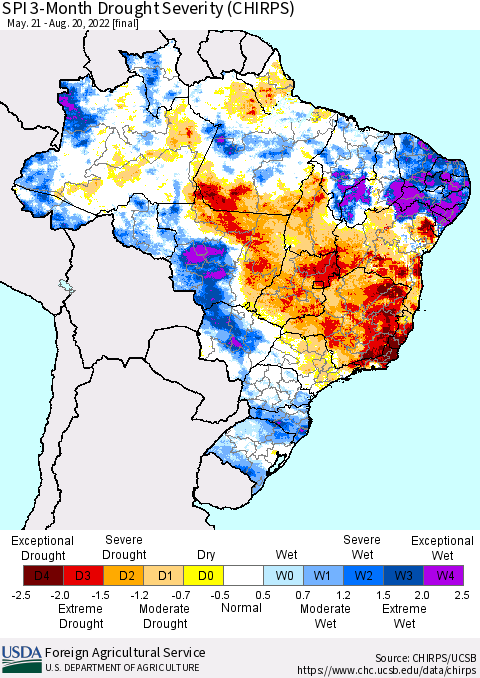 Brazil SPI 3-Month Drought Severity (CHIRPS) Thematic Map For 5/21/2022 - 8/20/2022