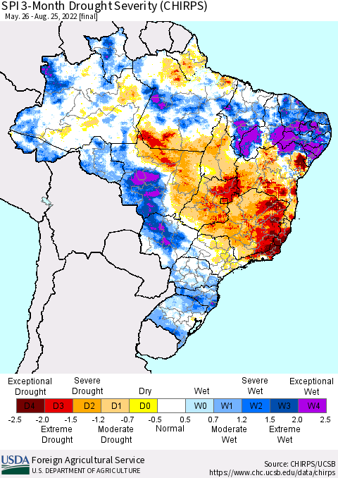 Brazil SPI 3-Month Drought Severity (CHIRPS) Thematic Map For 5/26/2022 - 8/25/2022