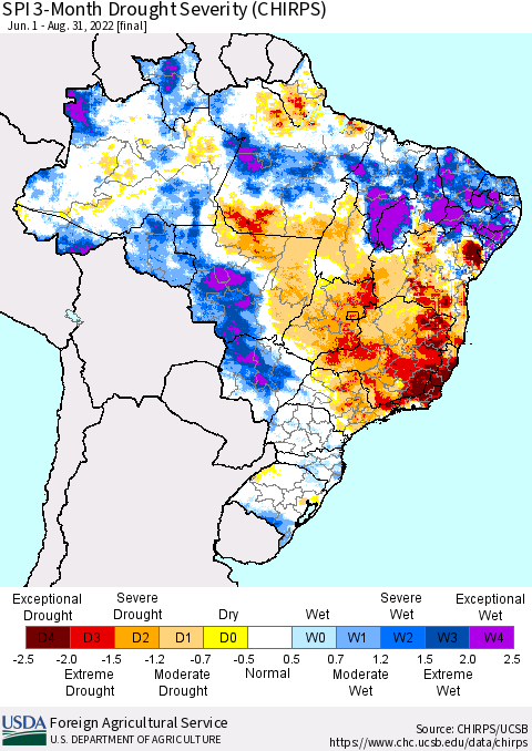 Brazil SPI 3-Month Drought Severity (CHIRPS) Thematic Map For 6/1/2022 - 8/31/2022