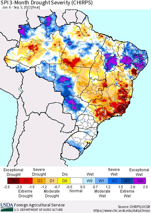 Brazil SPI 3-Month Drought Severity (CHIRPS) Thematic Map For 6/6/2022 - 9/5/2022