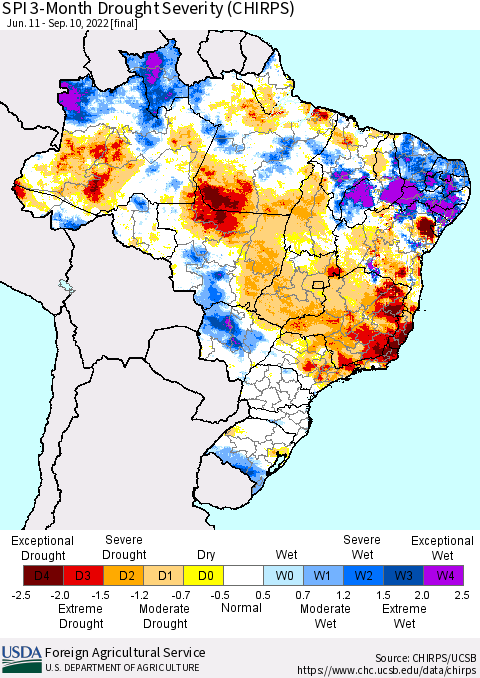 Brazil SPI 3-Month Drought Severity (CHIRPS) Thematic Map For 6/11/2022 - 9/10/2022