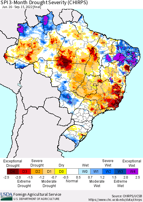 Brazil SPI 3-Month Drought Severity (CHIRPS) Thematic Map For 6/16/2022 - 9/15/2022
