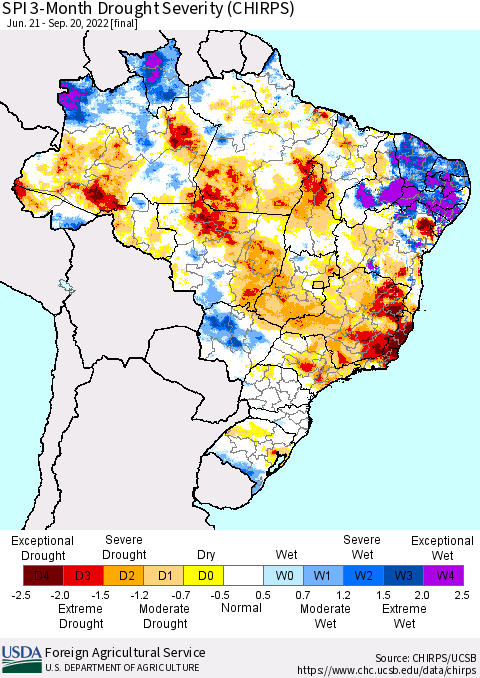 Brazil SPI 3-Month Drought Severity (CHIRPS) Thematic Map For 6/21/2022 - 9/20/2022
