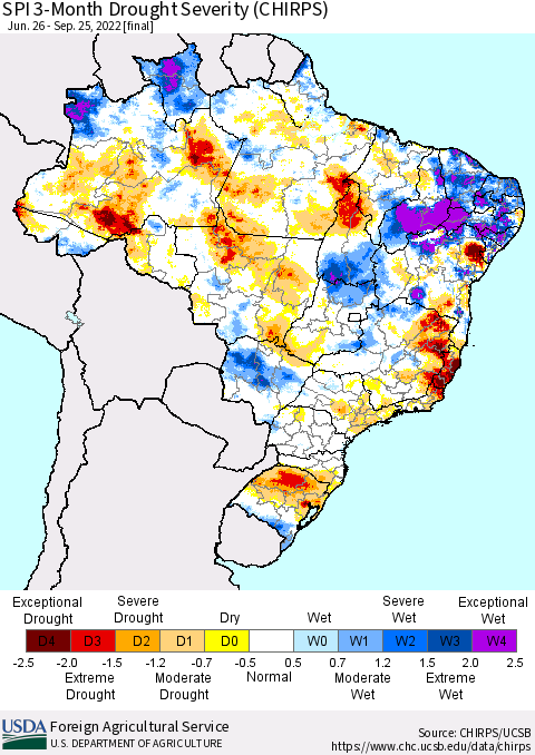 Brazil SPI 3-Month Drought Severity (CHIRPS) Thematic Map For 6/26/2022 - 9/25/2022