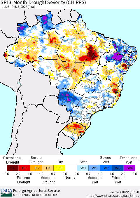 Brazil SPI 3-Month Drought Severity (CHIRPS) Thematic Map For 7/6/2022 - 10/5/2022