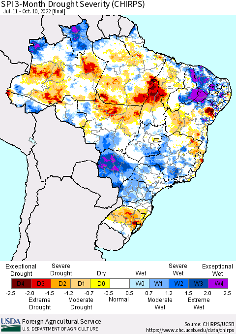 Brazil SPI 3-Month Drought Severity (CHIRPS) Thematic Map For 7/11/2022 - 10/10/2022