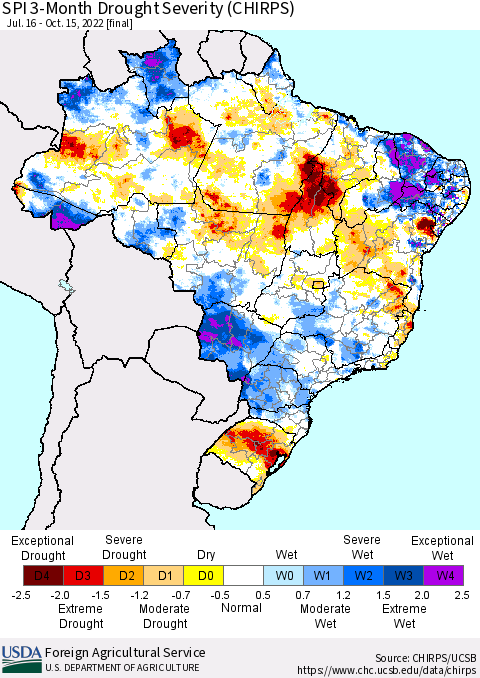 Brazil SPI 3-Month Drought Severity (CHIRPS) Thematic Map For 7/16/2022 - 10/15/2022