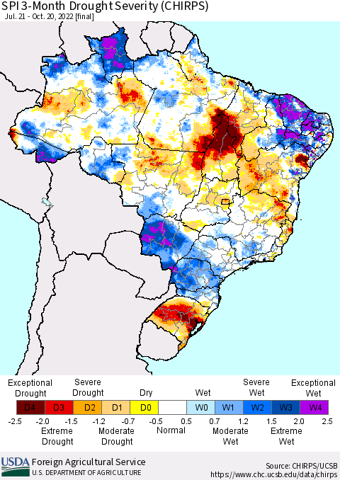 Brazil SPI 3-Month Drought Severity (CHIRPS) Thematic Map For 7/21/2022 - 10/20/2022