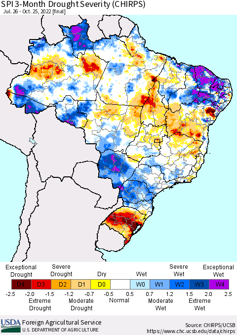 Brazil SPI 3-Month Drought Severity (CHIRPS) Thematic Map For 7/26/2022 - 10/25/2022