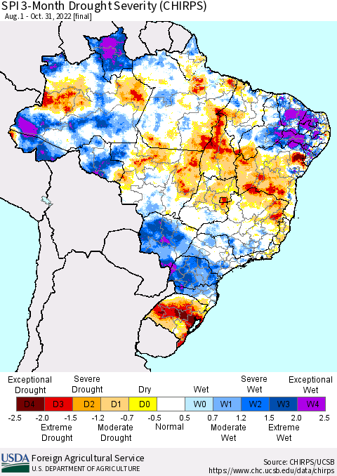 Brazil SPI 3-Month Drought Severity (CHIRPS) Thematic Map For 8/1/2022 - 10/31/2022