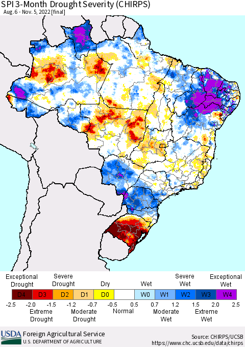 Brazil SPI 3-Month Drought Severity (CHIRPS) Thematic Map For 8/6/2022 - 11/5/2022