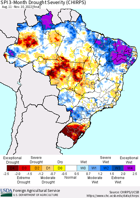 Brazil SPI 3-Month Drought Severity (CHIRPS) Thematic Map For 8/11/2022 - 11/10/2022