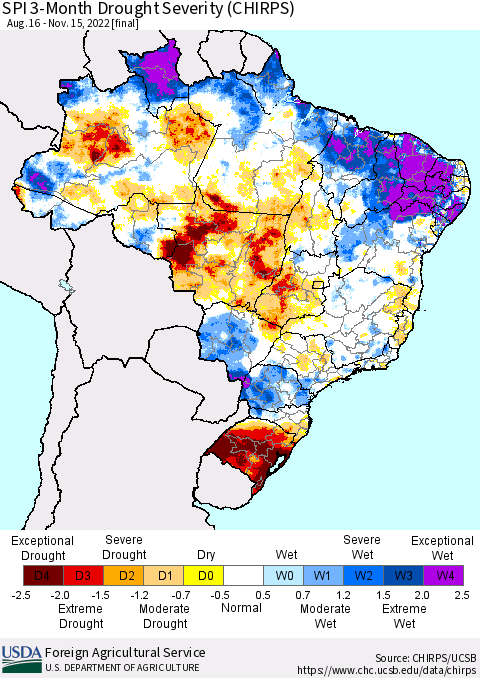 Brazil SPI 3-Month Drought Severity (CHIRPS) Thematic Map For 8/16/2022 - 11/15/2022