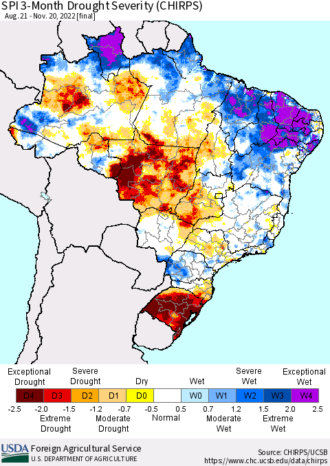 Brazil SPI 3-Month Drought Severity (CHIRPS) Thematic Map For 8/21/2022 - 11/20/2022