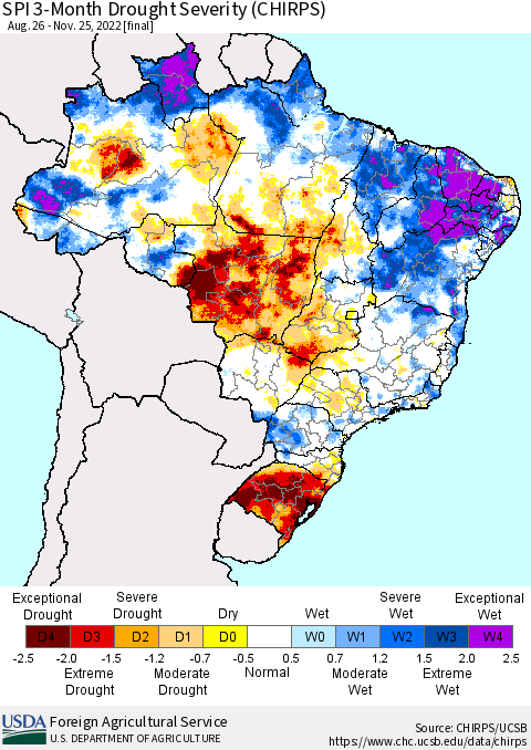 Brazil SPI 3-Month Drought Severity (CHIRPS) Thematic Map For 8/26/2022 - 11/25/2022