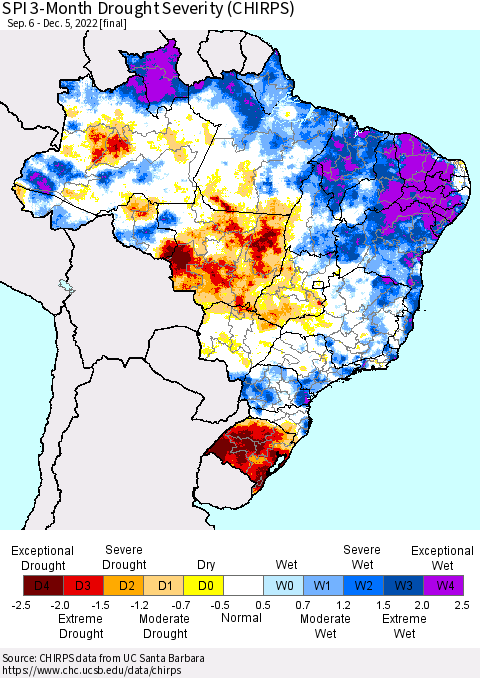 Brazil SPI 3-Month Drought Severity (CHIRPS) Thematic Map For 9/6/2022 - 12/5/2022