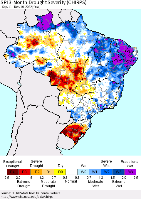Brazil SPI 3-Month Drought Severity (CHIRPS) Thematic Map For 9/11/2022 - 12/10/2022