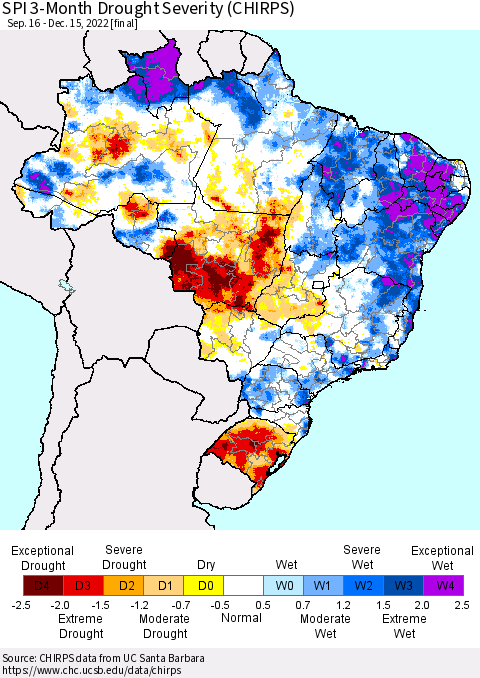 Brazil SPI 3-Month Drought Severity (CHIRPS) Thematic Map For 9/16/2022 - 12/15/2022
